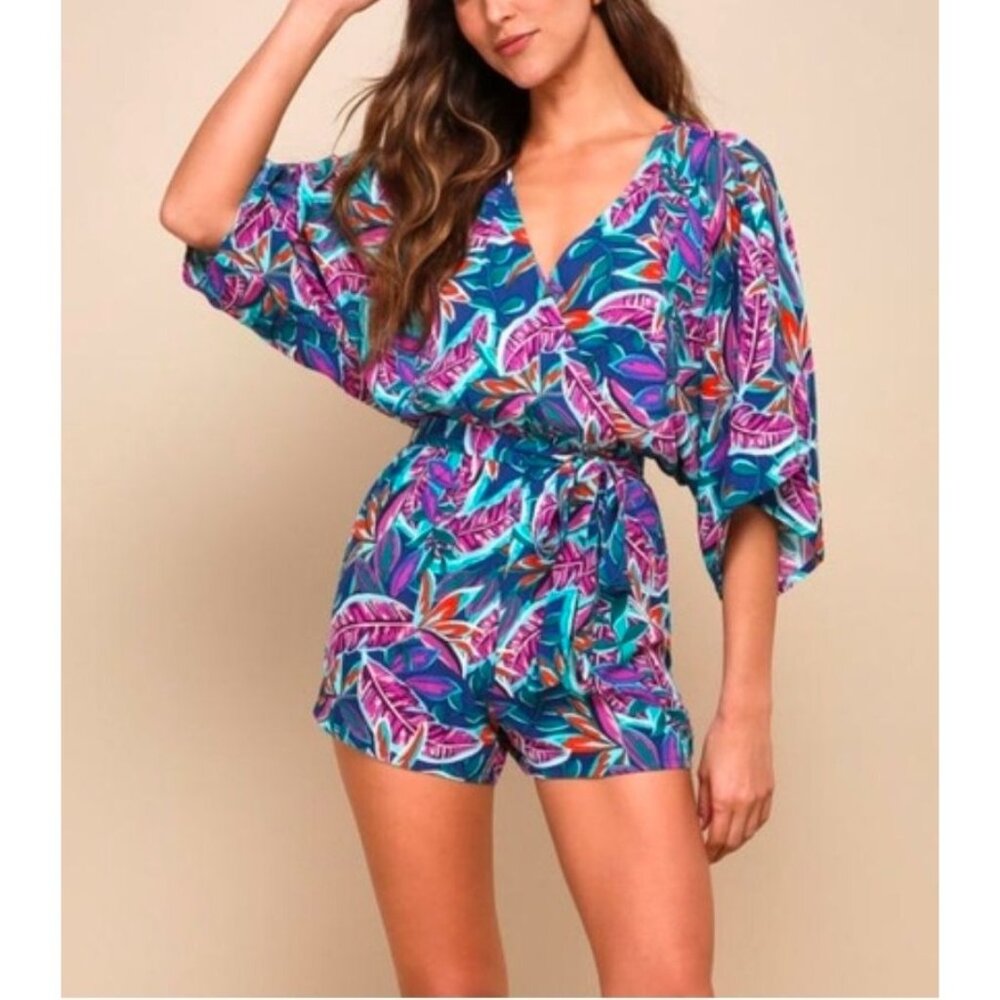 Lulus Tropical Print Kimono Sleeve Romper Women sz L summer beach travel